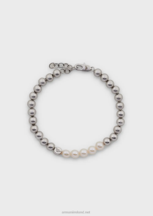 Men 086V2090 Silver-Tone Brass Beaded Bracelet Armani Silver