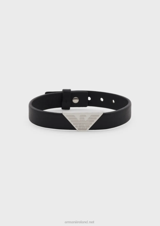 Men 086V2103 Black Leather Id Bracelet Armani Silver