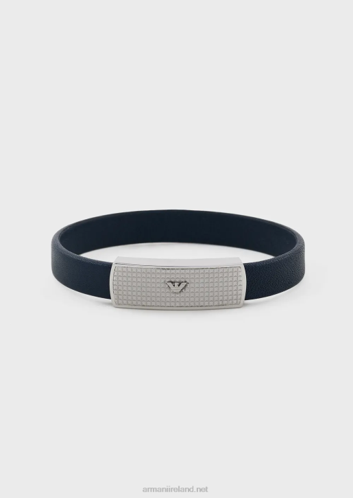 Men 086V2104 Blue Leather Id Bracelet Armani Silver