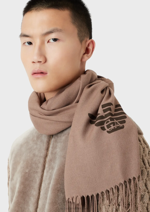 Men 086V2128 Fringed Scarf With Eagle Print Armani