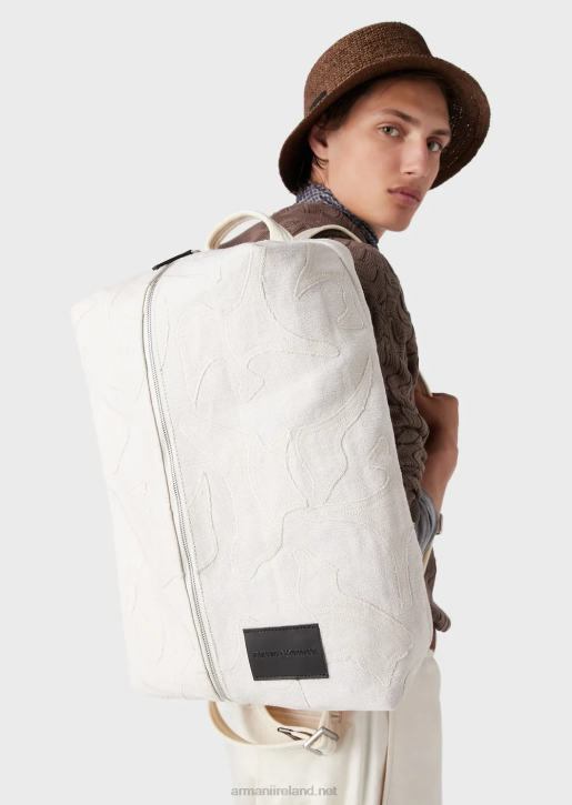 Men 086V1962 Embroidered Canvas Backpack Armani White