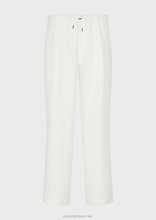 Men 086V1492 Drawstring Trousers In Linen-Blend Grosgrain Armani White