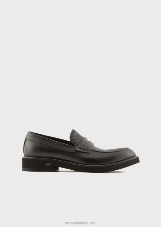 Men 086V1847 Leather Loafers With Woven Print Detail Armani Black