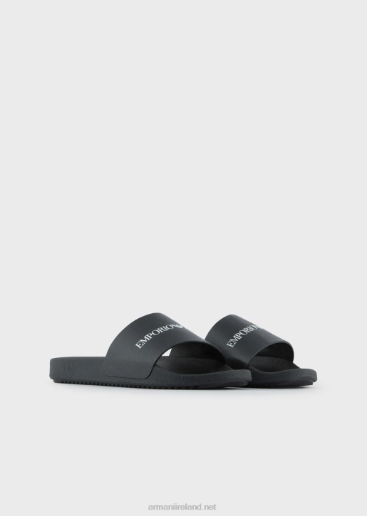 Men 086V1006 Hammered Leather Sliders With Logo Armani Black