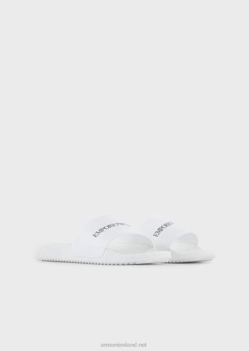 Men 086V1007 Hammered Leather Sliders With Logo Armani White