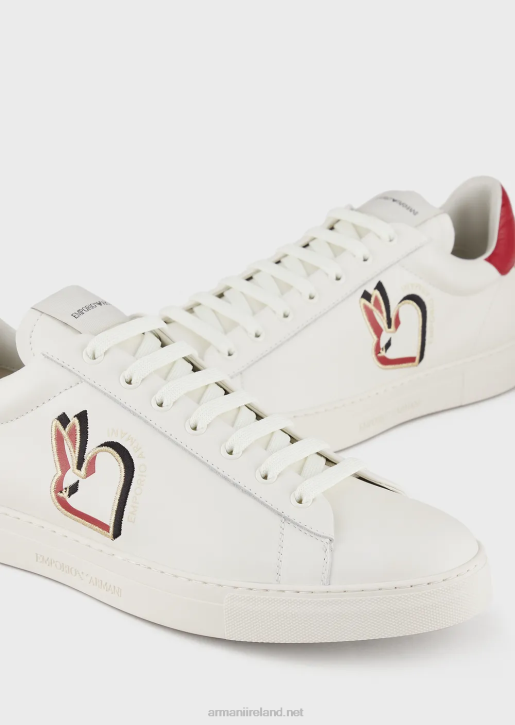 Men 086V1881 Rabbit Embroidered Leather Sneakers Armani White