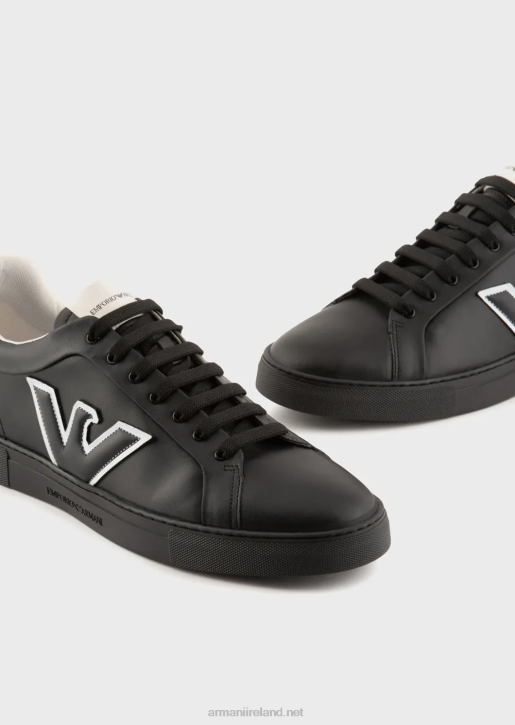 Men 086V1919 Leather Sneakers With Eagle Patch Armani Black