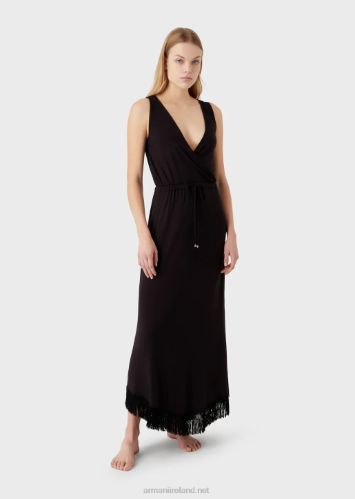 Women 086V16 Viscose Long Beach Dress With Fringing Armani Black