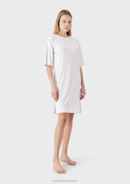 Women 086V19 Jacquard Logomania Jersey Beach Dress Armani White