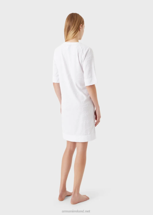 Women 086V19 Jacquard Logomania Jersey Beach Dress Armani White