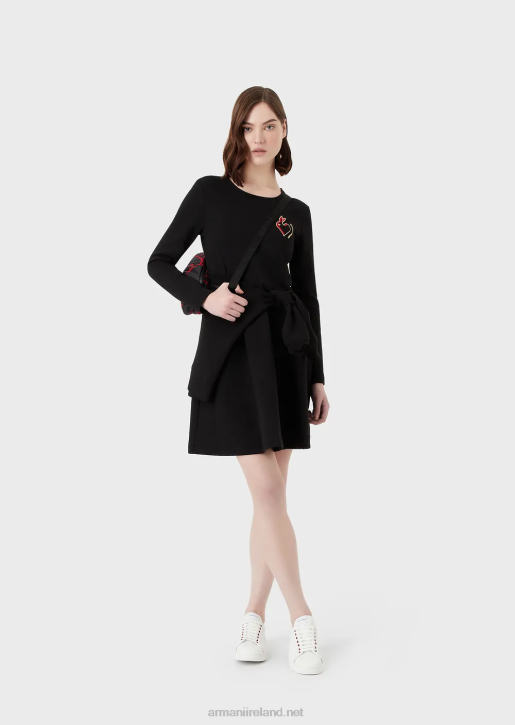 Women 086V100 Rabbit-Embroidered Sweatshirt Dress Armani Black