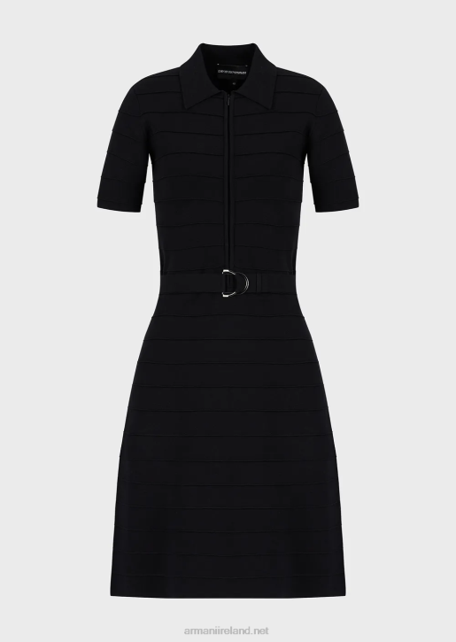 Women 086V68 Striped-Effect, Knit-Fabric Belted Dress Armani Black