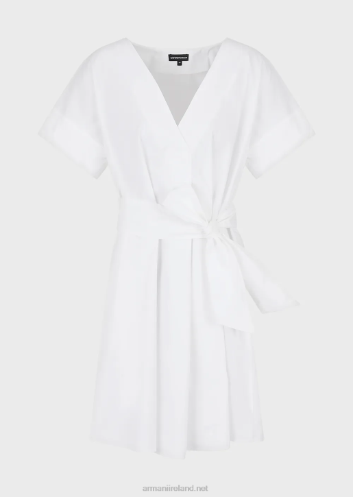 Women 086V94 Sanded Cotton Dress With Sash Armani White