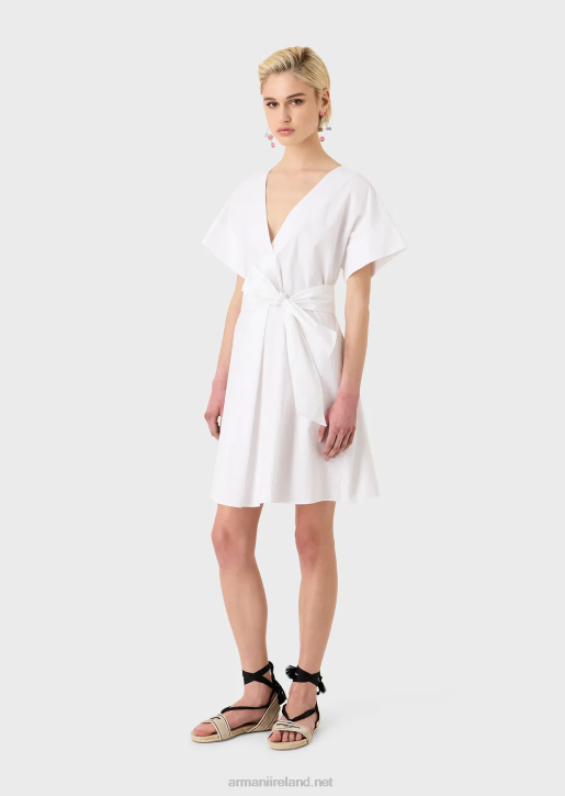 Women 086V94 Sanded Cotton Dress With Sash Armani White