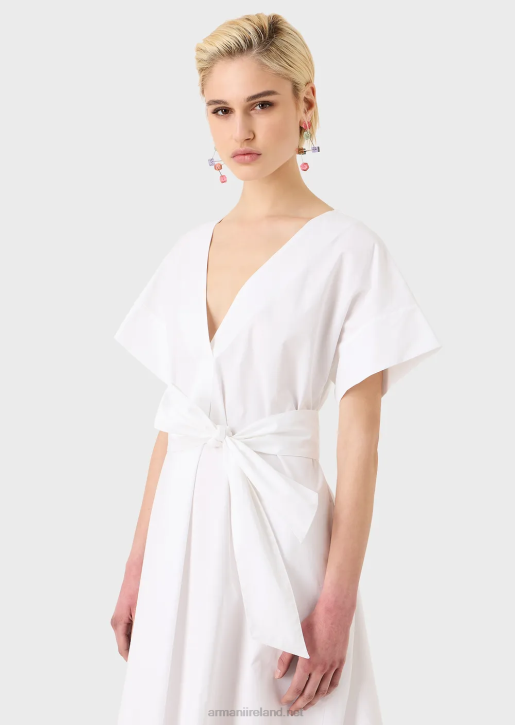 Women 086V94 Sanded Cotton Dress With Sash Armani White