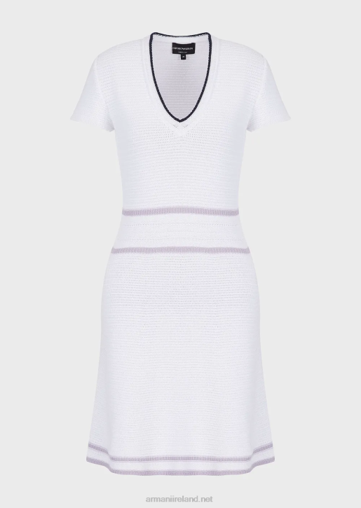 Women 086V99 Milano Stitch Knit V-Neck Dress Armani White